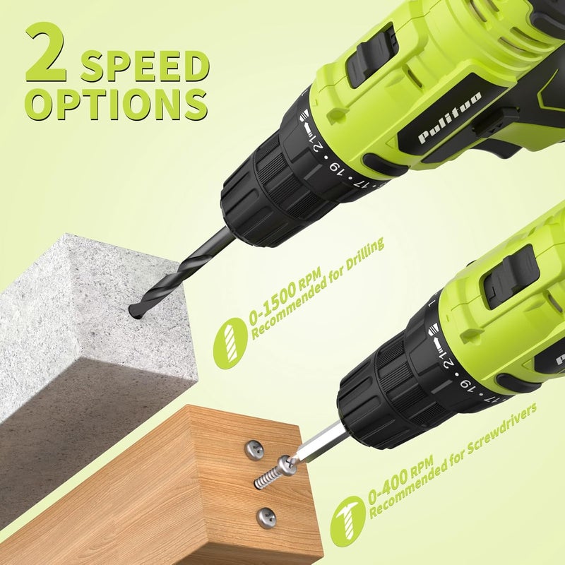 PULITUO 'S 20V Cordless Drill/Driver, Electric Screwdriver - 2 Batteries, 30Nm, 21+1 Torque, 2 Speed, Keyless 3/8" Chase Drill with LED Light, Kit for Home (Green) - Image 4